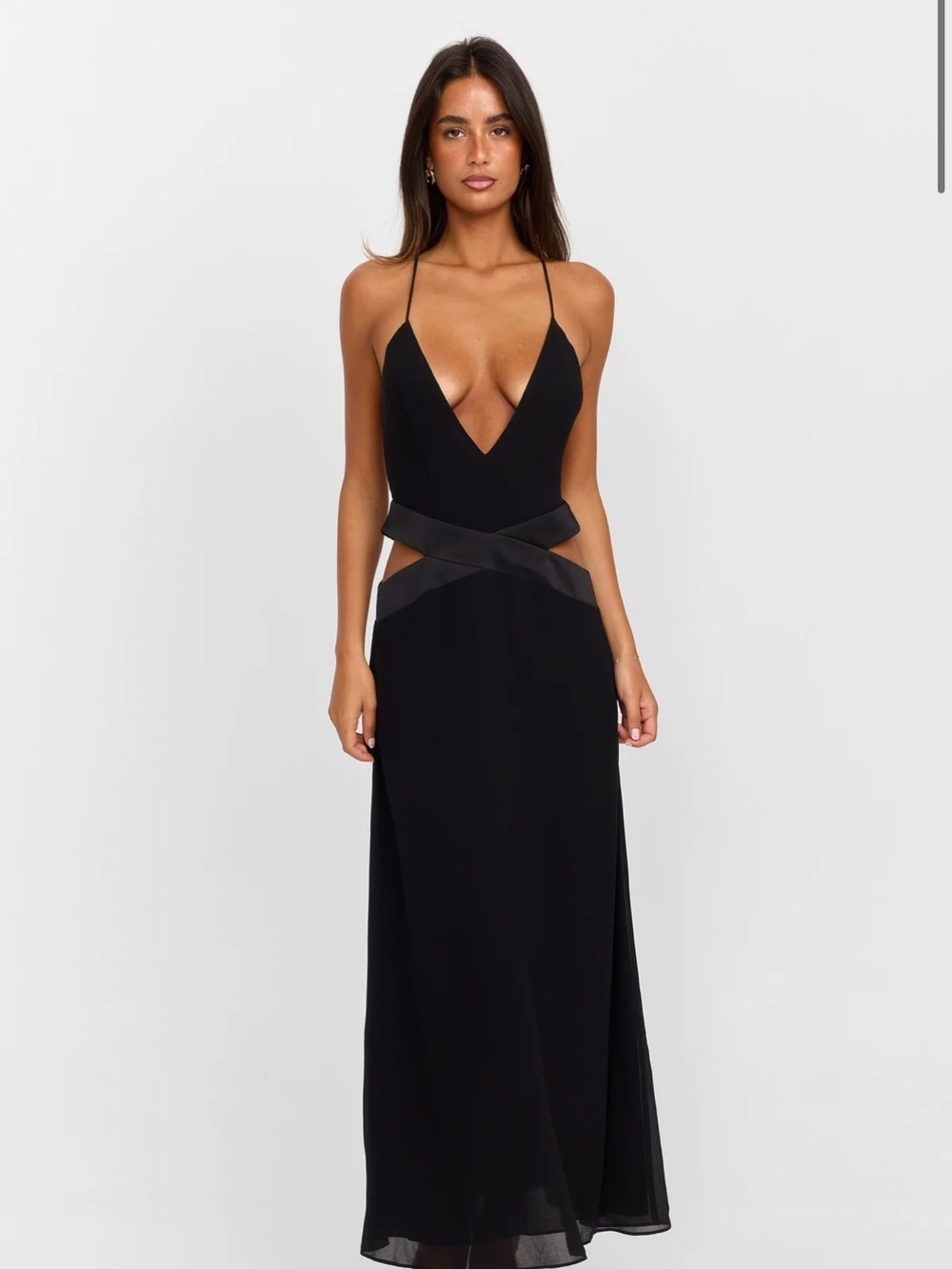 Strappy Black Strapless Plunge Evening Gown